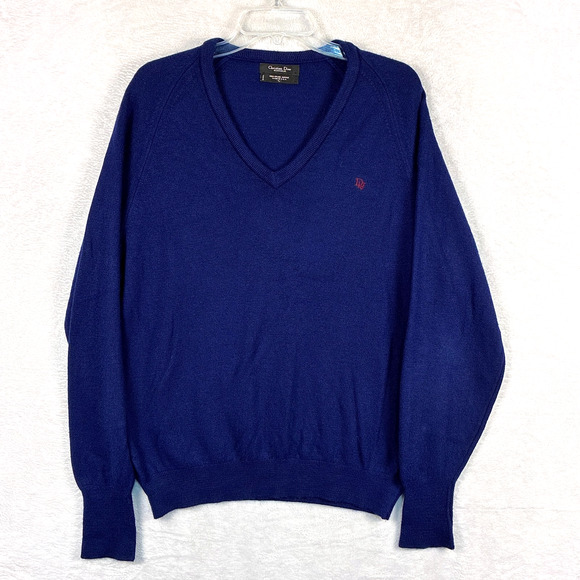 VTG Christian Dior V Neck Sweater Mens L Blue Old Money 80s Preppy Designer USA - Picture 1 of 7